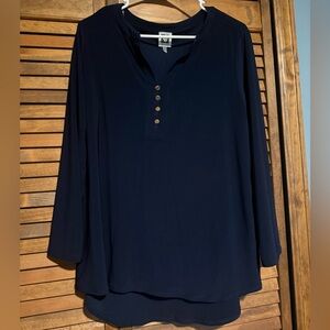 Anne Klein Navy Button-Placket Long Sleeve Tunic